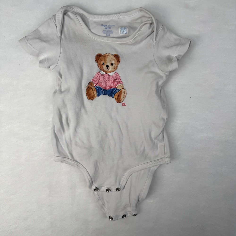 Ralph Lauren Polo Bear Bodysuit 6M White Classic Preppy Graphic Infant 6 Month